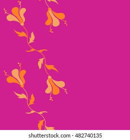 Vector seamless pattern of horizontal stylized floral motif, hole, spots, flowers, doodles on colored background with copy space. Hand drawn. Horizontal seamless floral background.