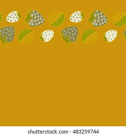 Vector seamless pattern of horizontal stylized berry motif, hole, spots, strawberry with leaves, doodles on colored background with copy space. Hand drawn. Horizontal seamless strawberry background.