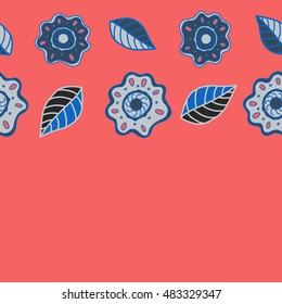 Vector seamless pattern of horizontal stylized floral motif, hole, spots, flowers, doodles on pink background. Hand drawn. Horizontal seamless floral background.