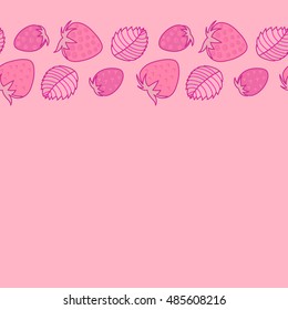 Vector seamless pattern of horizontal stylized berry motif, hole, spots, strawberry with leaves, doodles on colored background with copy space. Hand drawn. Horizontal seamless strawberry background.