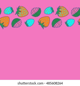 Vector seamless pattern of horizontal stylized berry motif, hole, spots, strawberry with leaves, doodles on colored background with copy space. Hand drawn. Horizontal seamless strawberry background.