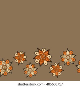 Vector seamless pattern of horizontal stylized floral motif, small flowers, hole, spots, doodles on brown background with place for your text. Hand drawn. Horizontal seamless floral background.