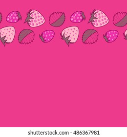 Vector seamless pattern of horizontal stylized berry motif, hole, spots, strawberry with leaves, doodles on colored background with copy space. Hand drawn. Horizontal seamless strawberry background.
