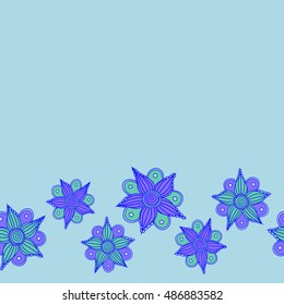 Vector seamless pattern of horizontal stylized floral motif, small flowers, hole, spots, doodles on blue background with place for your text. Hand drawn. Horizontal seamless floral background.