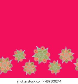 Vector seamless pattern of horizontal stylized floral motif, small flowers, hole, spots, doodles on red background with place for your text. Hand drawn. Horizontal seamless floral background.