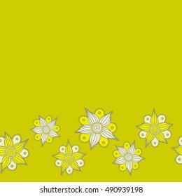 Vector seamless pattern of horizontal stylized floral motif, small flowers, hole, spots, doodles on green background with place for your text. Hand drawn. Horizontal seamless floral background.