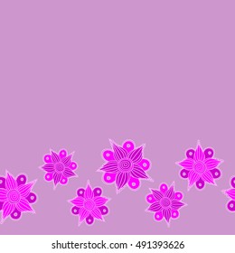 Vector seamless pattern of horizontal stylized floral motif, small flowers, hole, spots, doodles on violet background with copy space. Hand drawn. Horizontal seamless floral background.