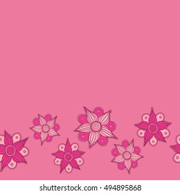 Vector seamless pattern of horizontal stylized floral motif, small flowers, hole, spots, doodles on magenta background with copy space. Hand drawn. Horizontal seamless floral background.