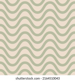 Vector seamless pattern with horizontal wavy lines, smooth stripes. Retro vintage style. Simple background in muted green and beige color. Stylish abstract texture. Design for decor, wallpaper, fabric