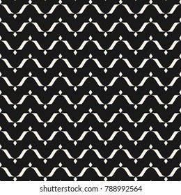 Vector seamless pattern, horizontal wavy lines, curved shapes, zigzag grid. Simple monochrome black & white background, endless texture. Abstract design for prints, decoration, textile, digital, web