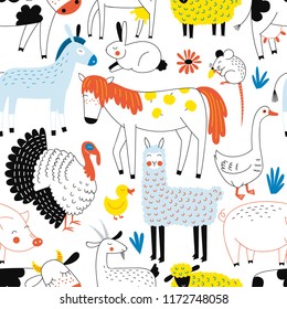 Vector seamless pattern with horse bunny donkey cow sheep goose alpaca goat pig mouse turkey farm animals. Scandinavian childish barnyard background design.