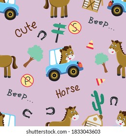 Vector seamless pattern with horse driver. Creative vector childish background for fabric, textile, nursery wallpaper, poster, card, brochure. Vector illustration background. African safari.