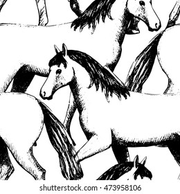Vector seamless pattern with horses 3. White and black.