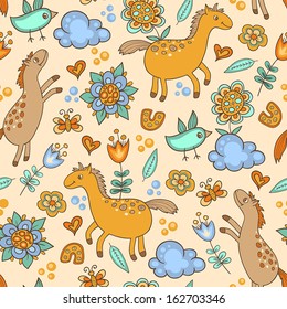 Vector seamless pattern with horses and birds