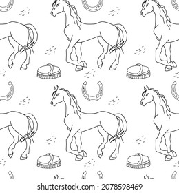 Vector seamless pattern with horses, horseshoes and brushes. Drawn by hand in a doodle style.