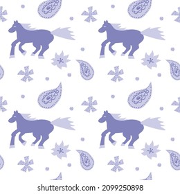 Vector seamless pattern with horses on trendy purple background.Minimalistic,animalistic print in Very Peri in doodle style.Design for textiles,wraprapping paper,packaging,social media,scrapbook. 