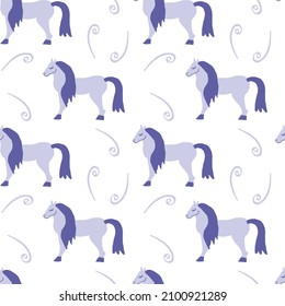 Vector seamless pattern with horses on trendy purple background.Minimalistic,animalistic print in Very Peri in doodle style.Design for textiles,wraprapping paper,packaging,social media,scrapbook. 