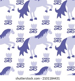 Vector seamless pattern with horses on trendy purple background.Minimalistic,animalistic print in Very Peri in doodle style.Design for textiles,wraprapping paper,packaging,social media,scrapbook. 