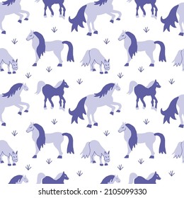 Vector seamless pattern with horses on trendy purple background.Minimalistic,animalistic print in Very Peri in doodle style.Design for textiles,wraprapping paper,packaging,social media,scrapbook. 