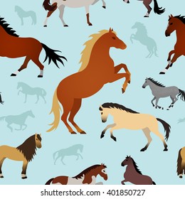 Vector seamless pattern with horses on blue background. Element for design.