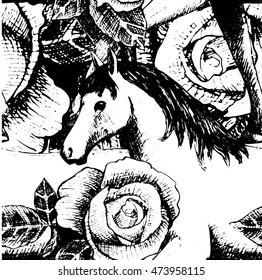 Vector seamless pattern with horses and roses. White and black.