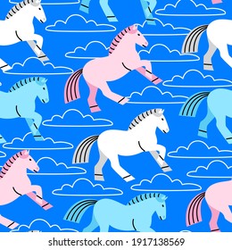 Vector seamless pattern with horses running in the clouds 