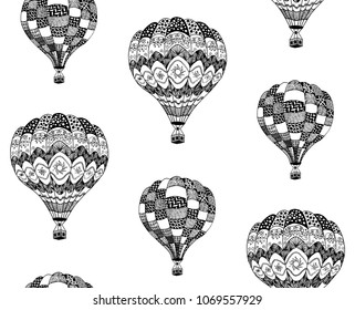 Vector seamless pattern of hot air balloon in zentangle style. Coloring page book anti stress. Black hand drawn hot air balloon on white background