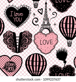 Vector Seamless Pattern Hot Air Balloon and Paris Eiffel Tower on pink fishnet tights