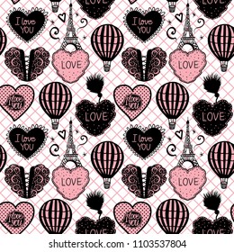 Vector Seamless Pattern Hot Air Balloon and Paris Eiffel Tower on pink fishnet tights