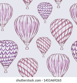 Vector seamless pattern of hot air balloons in the sky. Pink illustration great for wallpaper, wrapping and fabric.