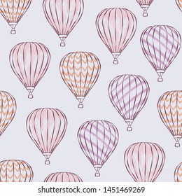 Vector seamless pattern of hot air balloons in the sky. Girl nursery illustration great for wallpaper, wrapping and fabric.