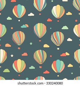 Vector seamless pattern with hot air balloons, stars and clouds on dark background. Fun hand drawn children texture, background for kids.