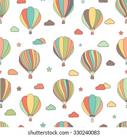 Vector seamless pattern with hot air balloons, stars and clouds. Fun hand drawn children texture, background for kids.