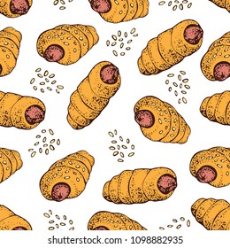 Vector seamless pattern of Hot dog,  sausage rolls. Cartoon illustration of fast food. American food. For restaurant, menu, street food, bakery, cafe, flyer