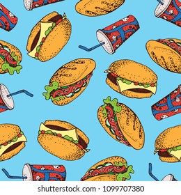 Vector seamless pattern of hot dog, burger andfrench fries . Fast food cartoon background. American food. For identify the restaurant, packaging, menu design, fabric texture.