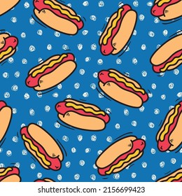 Patrón de vectores sin fisuras con hot dog. Perro caliente con mostaza y ketchup fondo sin fisuras. Retro de caricatura Perro caliente con fondo azul.