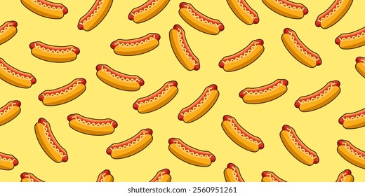 Vector seamless pattern with hot dog. Hot dog cartoon retro with mustard and ketchup seamless background