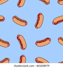 Vector seamless pattern with hot dog. Hot Dog with mustard and ketchup seamless background. Cartoon retro Hot dog on blue background.