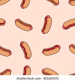 Vector seamless pattern with hot dog. Hot Dog with mustard and ketchup seamless background.