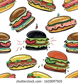 Vector seamless pattern with hot dogs and burgers on a white background 