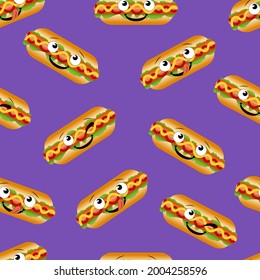 Vector Seamless Pattern, Hot Dogs with Funny Faces on Bright Purple Background, Cartoon Illustration, Background Template.