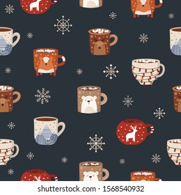 Vector seamless pattern with hot drink in a cute mug in flat design. Hot chocolate, coffee, cocoa with marshmallow. Autumn and winter holidays background. Christmas, New Year.