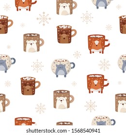 Vector seamless pattern with hot drink in a cute mug in flat design. Hot chocolate, coffee, cocoa with marshmallow. Autumn and winter holidays background. Christmas, New Year.