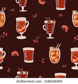 Vector seamless pattern with hot drinks in flat design. Mulled wine, cocktail, branch, berry. Autumn and winter holidays