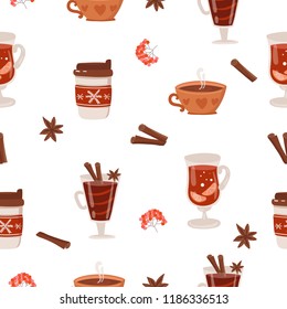 Vector seamless pattern with hot drinks in flat design. Hot chocolate, coffee, cocoa, mulled wine, cinnamon. Autumn and winter holidays