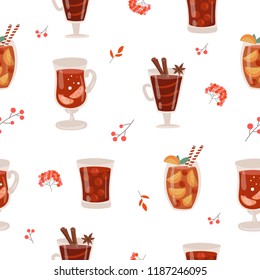 Vector seamless pattern with hot drinks in flat design. Mulled wine, cocktail, branch, berry. Autumn and winter holidays