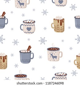 Vector seamless pattern with hot drinks in flat design. Hot chocolate, coffee, cocoa with whipped cream and marshmallow. Autumn and winter holidays.