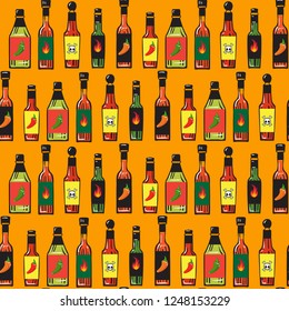 Vector Seamless Pattern Of Hot Sauce Bottles