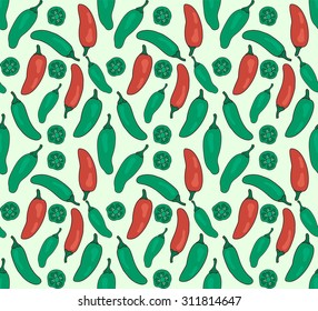 vector seamless pattern of hot and tasty green and red jalapeno peppers