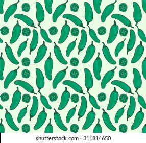 vector seamless pattern of hot and tasty green jalapeno peppers